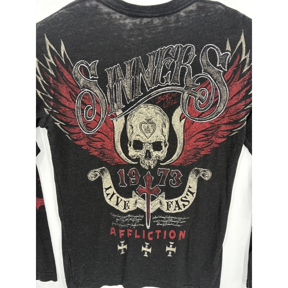Affliction Y2K Mens American Customs SINNERS SKULL Charcoal Long Sleeve Shirt, M